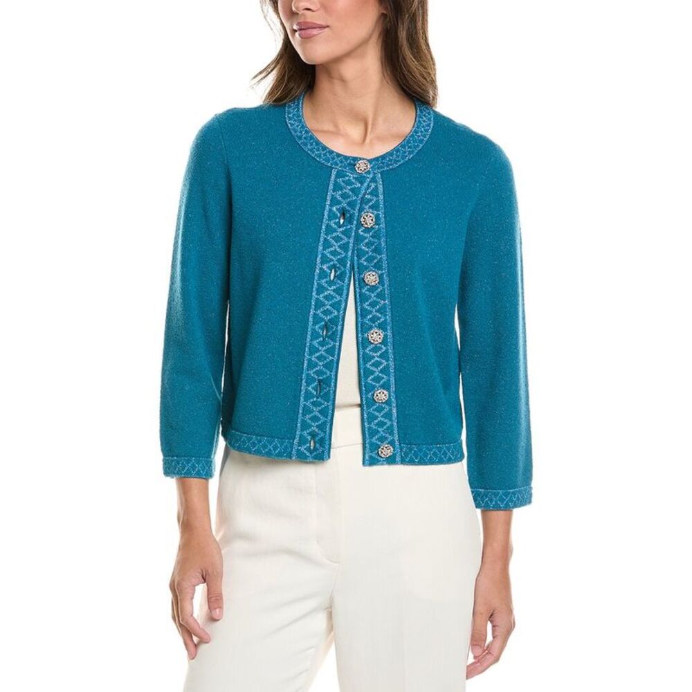 St. John Womens 3/4-Sleeve Crew Wool-Blend Cardigan, Blue
